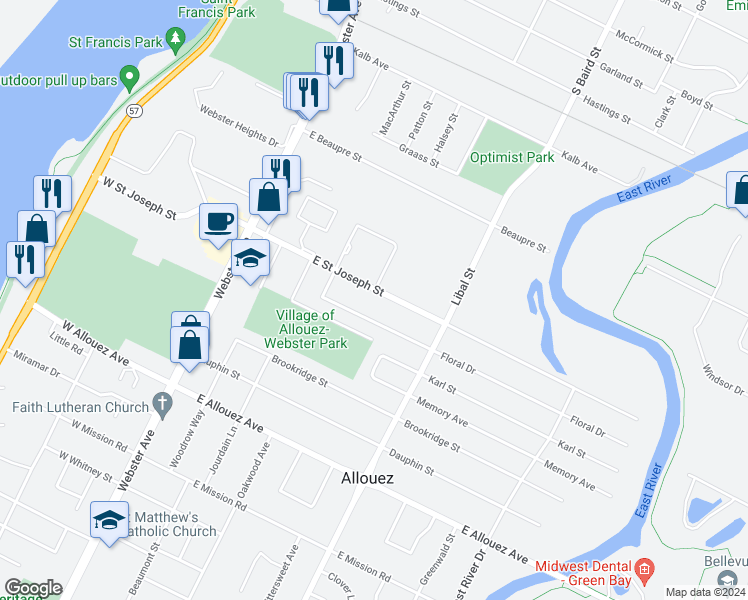 map of restaurants, bars, coffee shops, grocery stores, and more near 332 East Saint Joseph Street in Green Bay
