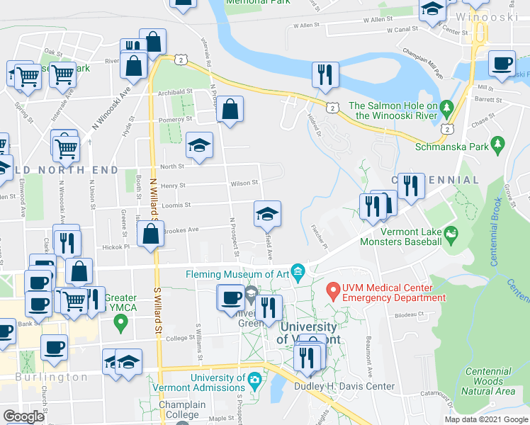 map of restaurants, bars, coffee shops, grocery stores, and more near 96 Mansfield Avenue in Burlington
