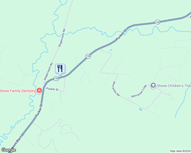 map of restaurants, bars, coffee shops, grocery stores, and more near 258 Mansfield View Road in Stowe
