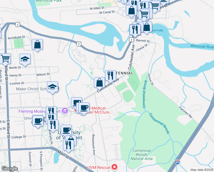 map of restaurants, bars, coffee shops, grocery stores, and more near 243 Colchester Avenue in Burlington
