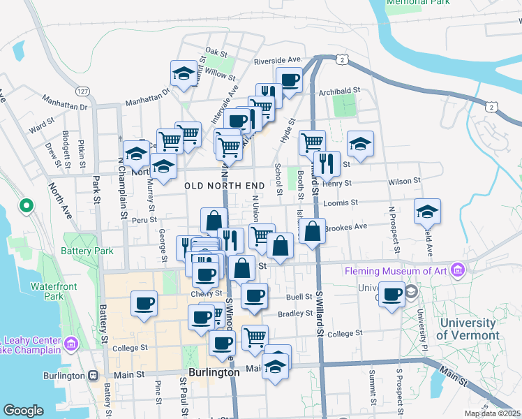 map of restaurants, bars, coffee shops, grocery stores, and more near 5 Loomis Street in Burlington
