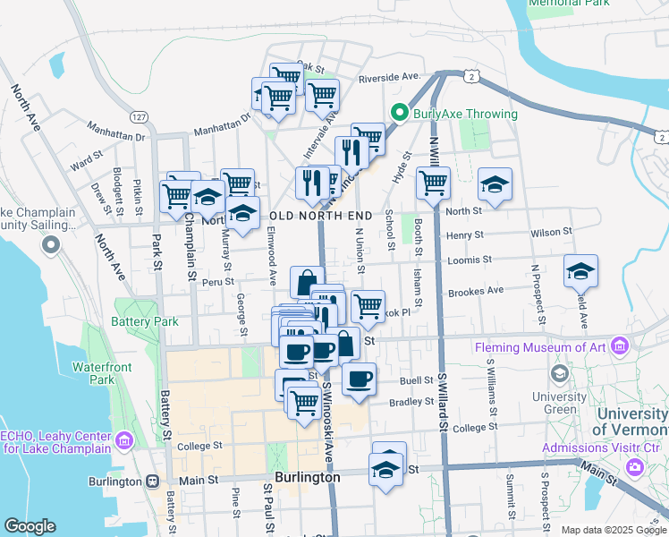 map of restaurants, bars, coffee shops, grocery stores, and more near 78 Grant Street in Burlington