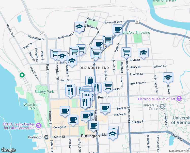 map of restaurants, bars, coffee shops, grocery stores, and more near 42 Grant Street in Burlington