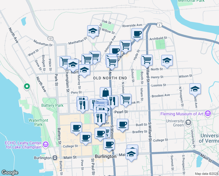 map of restaurants, bars, coffee shops, grocery stores, and more near 42 Grant Street in Burlington