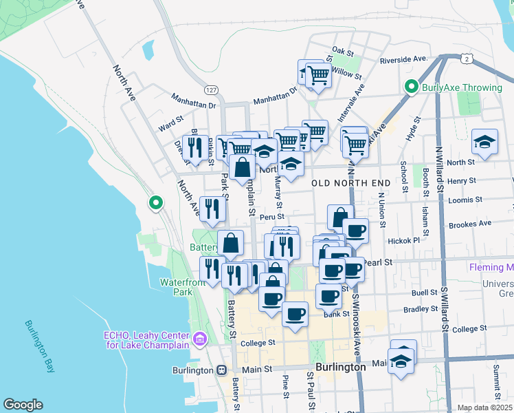 map of restaurants, bars, coffee shops, grocery stores, and more near 65 North Champlain Street in Burlington