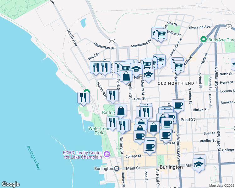 map of restaurants, bars, coffee shops, grocery stores, and more near 67 Park Street in Burlington