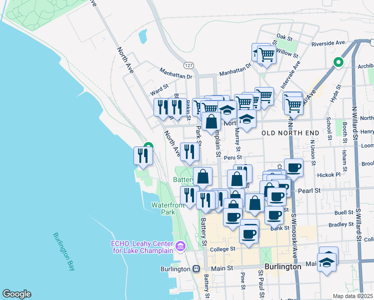 map of restaurants, bars, coffee shops, grocery stores, and more near 25 North Avenue in Burlington