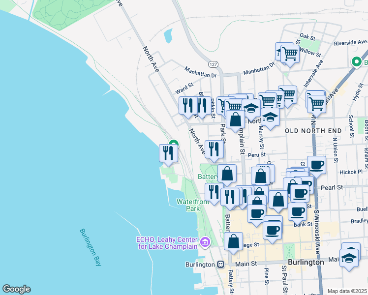 map of restaurants, bars, coffee shops, grocery stores, and more near 505 Lake Street in Burlington