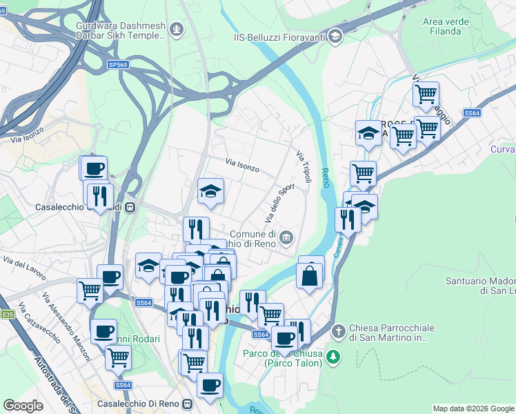 map of restaurants, bars, coffee shops, grocery stores, and more near 68 Via Giuseppe Garibaldi in Casalecchio di Reno