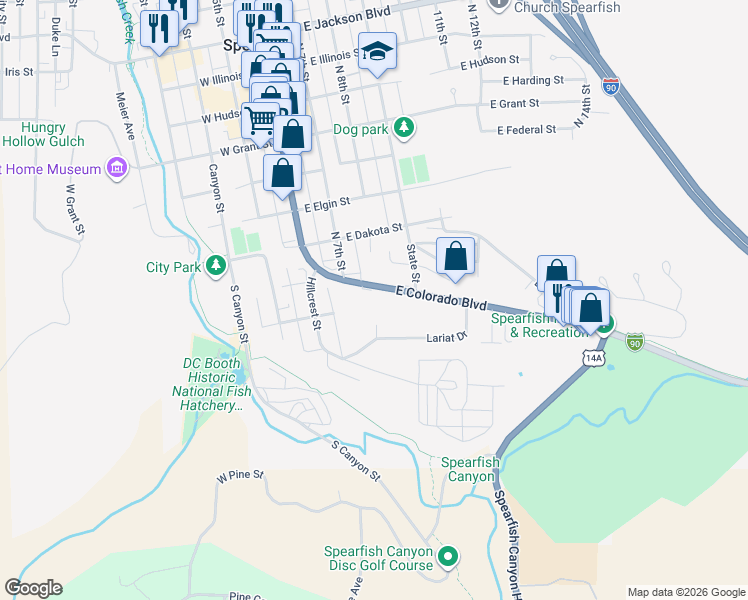 map of restaurants, bars, coffee shops, grocery stores, and more near 311 East Colorado Boulevard in Spearfish