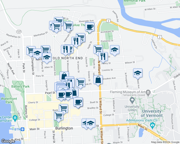 map of restaurants, bars, coffee shops, grocery stores, and more near 51 Loomis Street in Burlington
