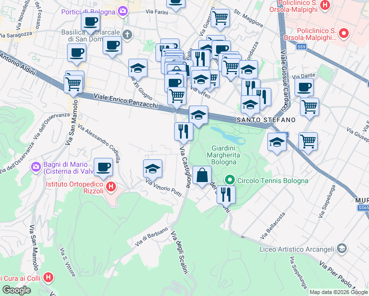 map of restaurants, bars, coffee shops, grocery stores, and more near 107 Via Castiglione in Bologna