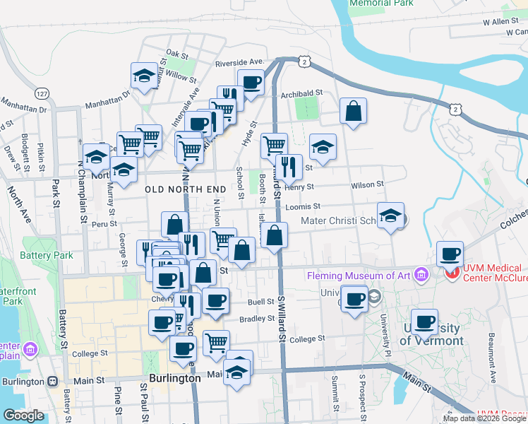 map of restaurants, bars, coffee shops, grocery stores, and more near 61 North Willard Street in Burlington