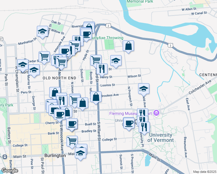 map of restaurants, bars, coffee shops, grocery stores, and more near 129 Loomis Street in Burlington