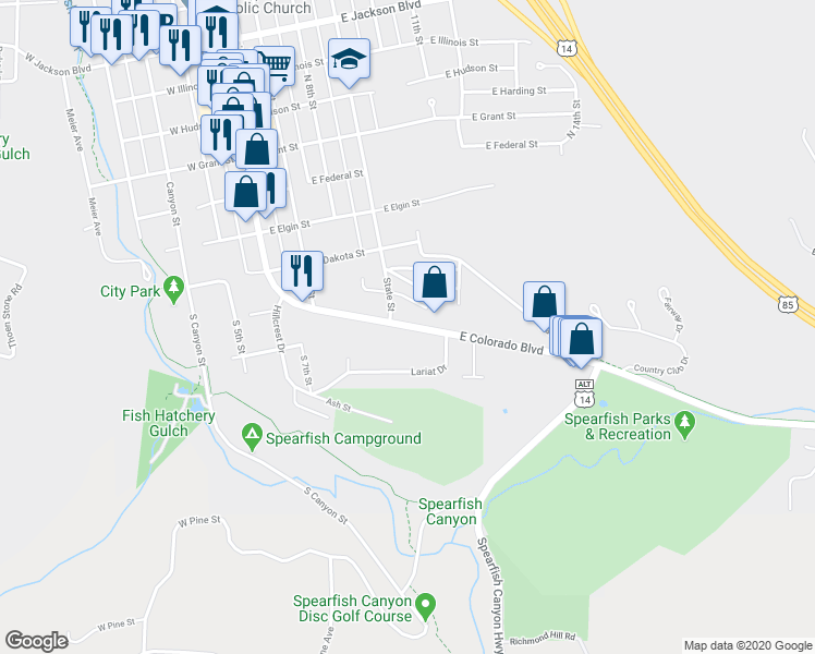 map of restaurants, bars, coffee shops, grocery stores, and more near 603 North Main Street in Spearfish