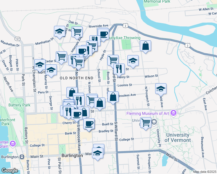 map of restaurants, bars, coffee shops, grocery stores, and more near 61 North Willard Street in Burlington