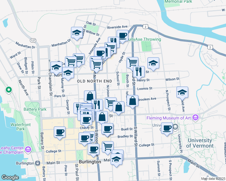 map of restaurants, bars, coffee shops, grocery stores, and more near 5 Loomis Street in Burlington