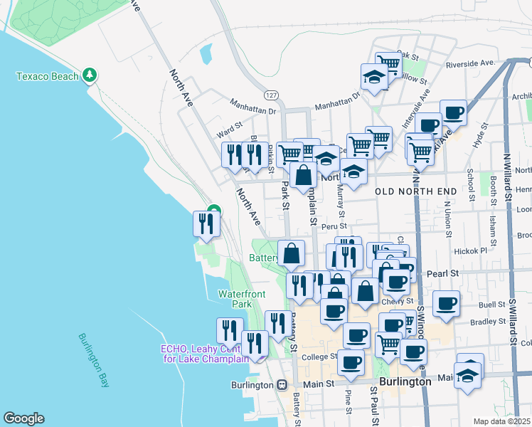 map of restaurants, bars, coffee shops, grocery stores, and more near 25 North Avenue in Burlington