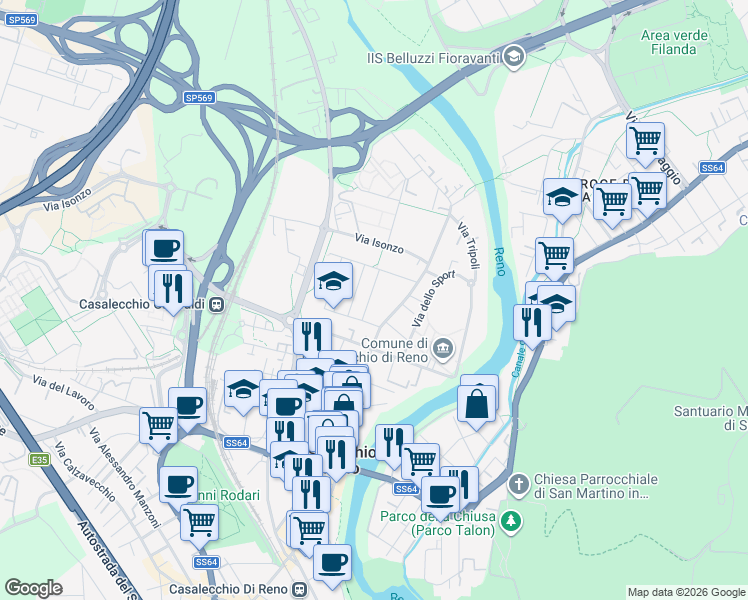 map of restaurants, bars, coffee shops, grocery stores, and more near 68 Via G. Garibaldi in Casalecchio di Reno