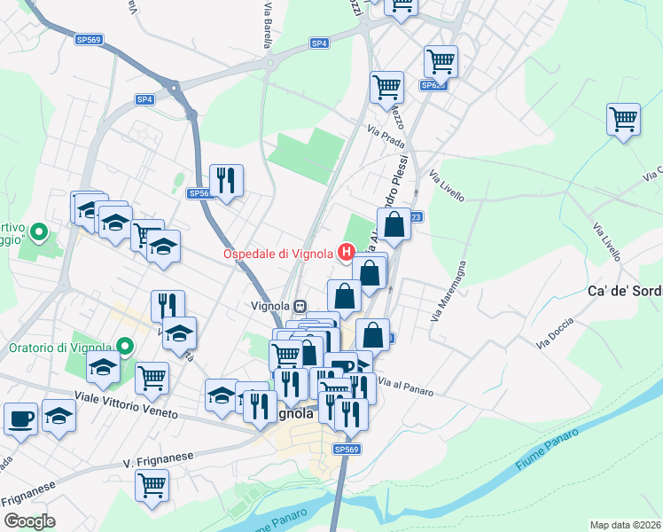 map of restaurants, bars, coffee shops, grocery stores, and more near Via Papa Giovanni Paolo II in Vignola