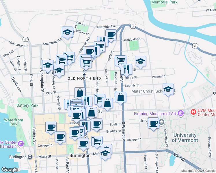 map of restaurants, bars, coffee shops, grocery stores, and more near 64 Greene Street in Burlington