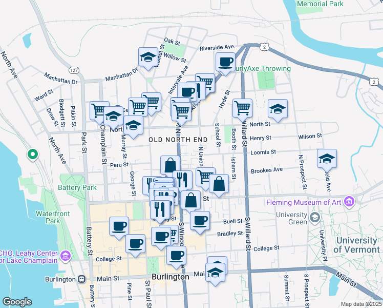 map of restaurants, bars, coffee shops, grocery stores, and more near 78 Grant Street in Burlington