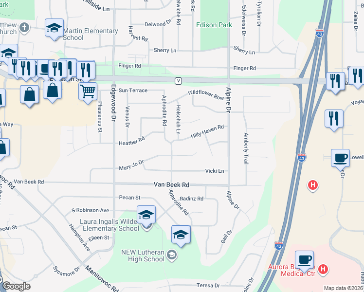 map of restaurants, bars, coffee shops, grocery stores, and more near 2610 Mary Jo Court in Green Bay