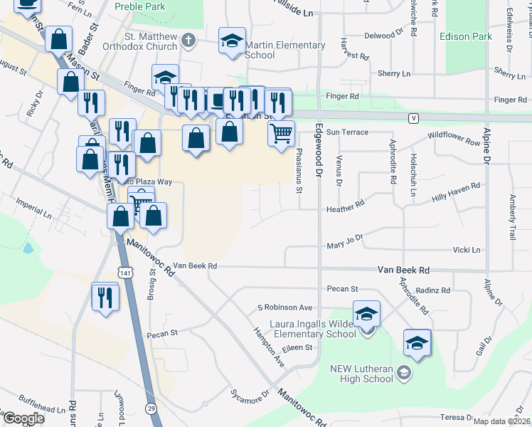 map of restaurants, bars, coffee shops, grocery stores, and more near 2422 Heather Road in Green Bay