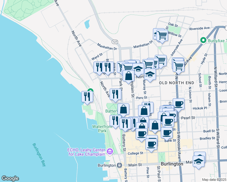 map of restaurants, bars, coffee shops, grocery stores, and more near 44 Front Street in Burlington