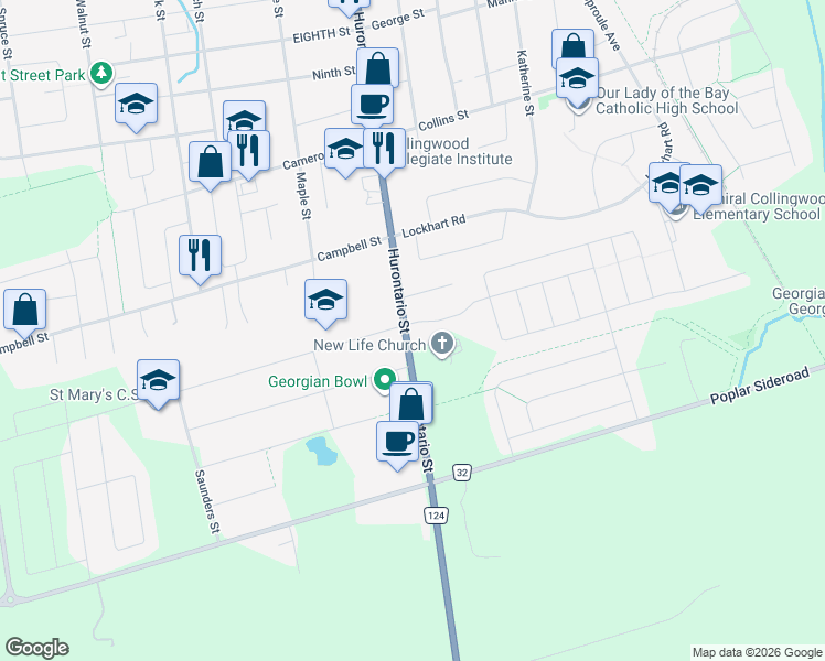 map of restaurants, bars, coffee shops, grocery stores, and more near 28 Tracey Lane in Collingwood