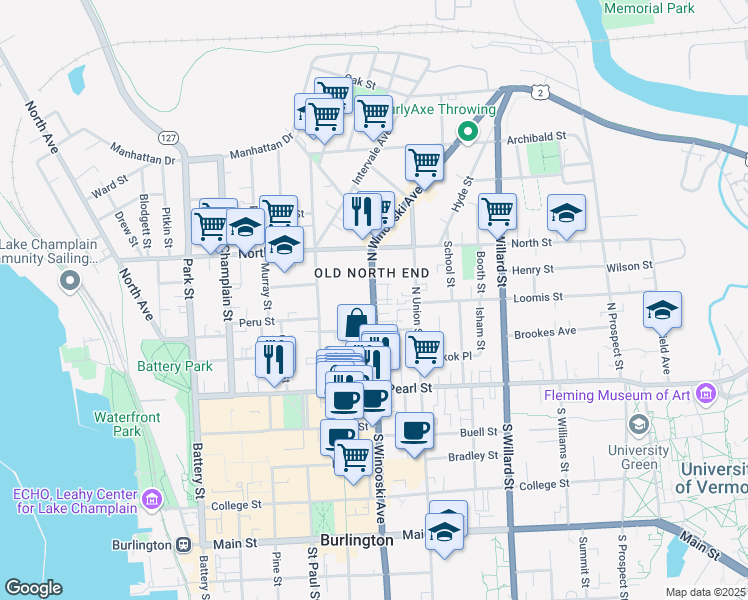 map of restaurants, bars, coffee shops, grocery stores, and more near 92 North Winooski Avenue in Burlington