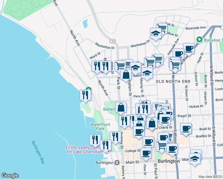 map of restaurants, bars, coffee shops, grocery stores, and more near 44 Front Street in Burlington