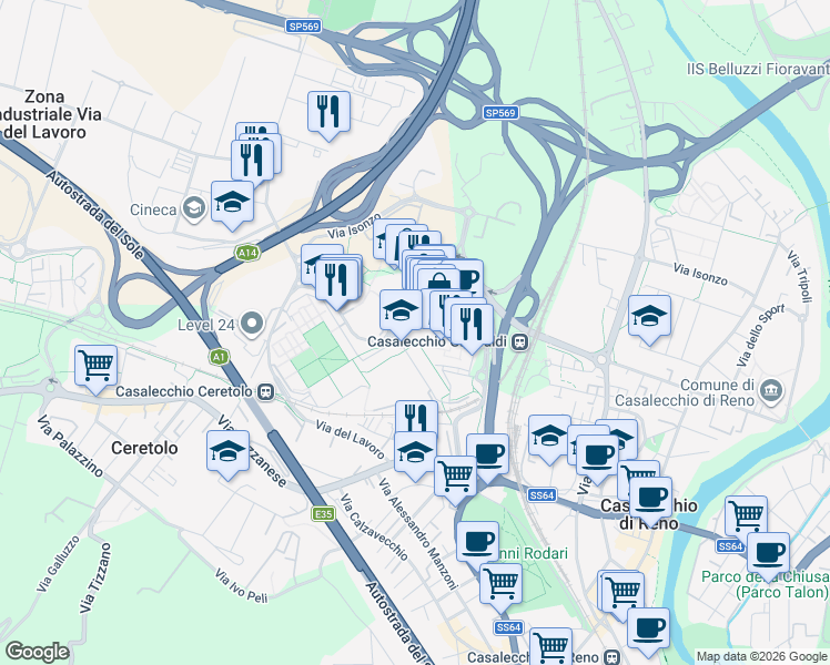 map of restaurants, bars, coffee shops, grocery stores, and more near 13 Via Aldo Moro in Casalecchio di Reno