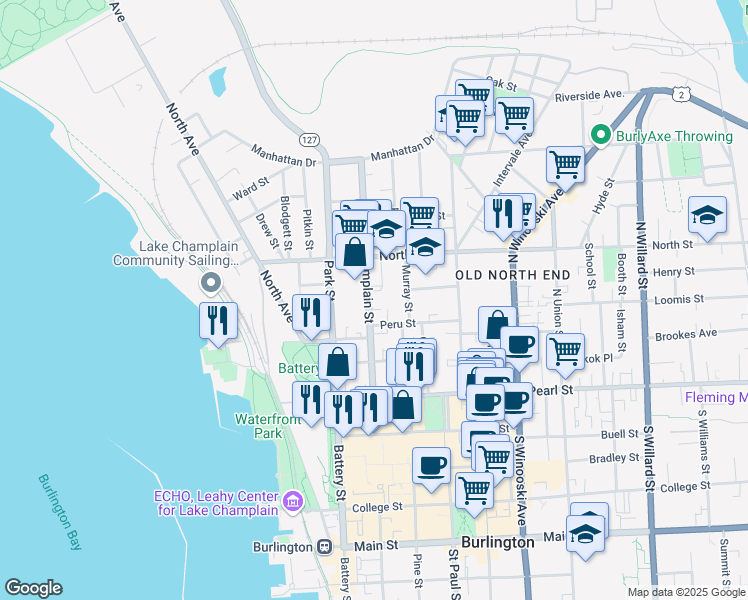map of restaurants, bars, coffee shops, grocery stores, and more near 125 North Champlain Street in Burlington