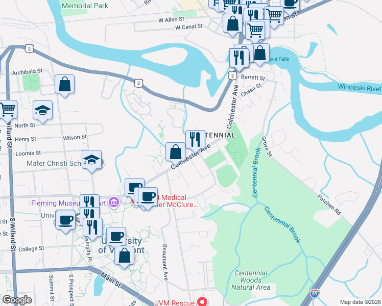 map of restaurants, bars, coffee shops, grocery stores, and more near 256 Colchester Avenue in Burlington