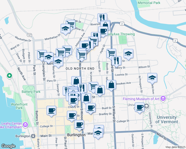 map of restaurants, bars, coffee shops, grocery stores, and more near 124 North Union Street in Burlington
