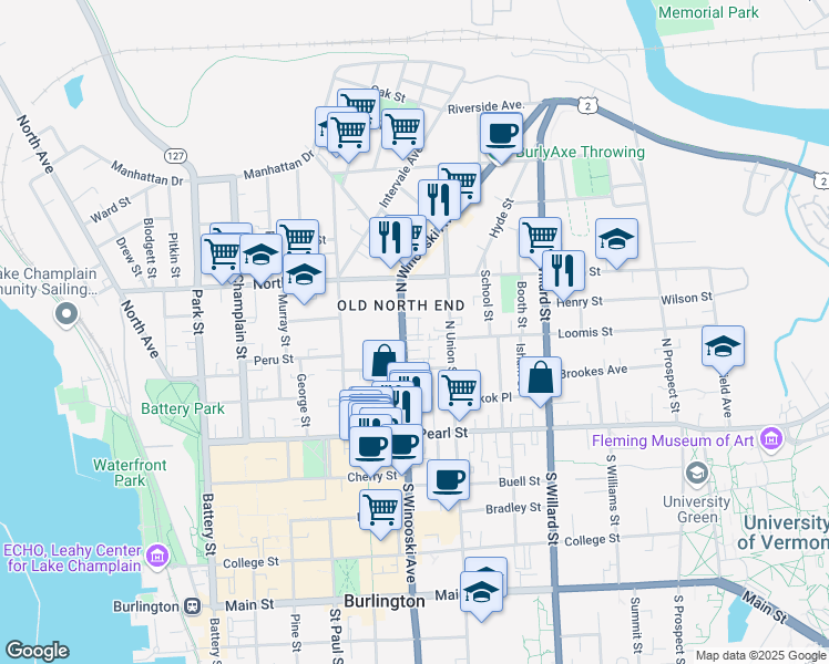 map of restaurants, bars, coffee shops, grocery stores, and more near 116 North Winooski Avenue in Burlington