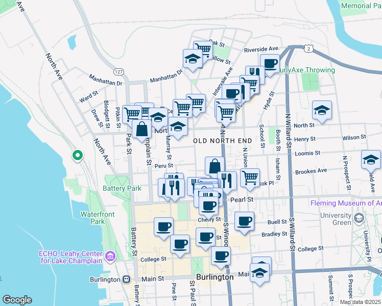 map of restaurants, bars, coffee shops, grocery stores, and more near 121 Elmwood Avenue in Burlington