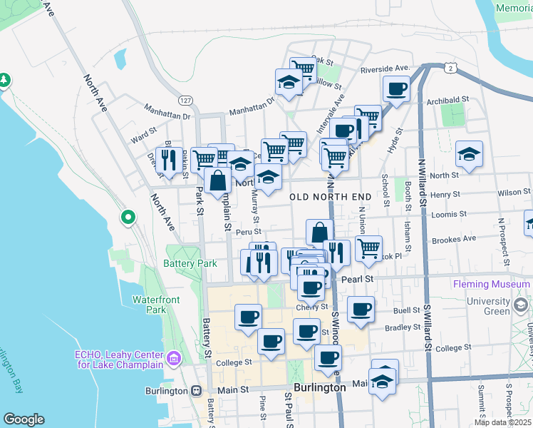 map of restaurants, bars, coffee shops, grocery stores, and more near 20 Allen Street in Burlington