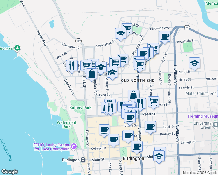map of restaurants, bars, coffee shops, grocery stores, and more near 20 Allen Street in Burlington