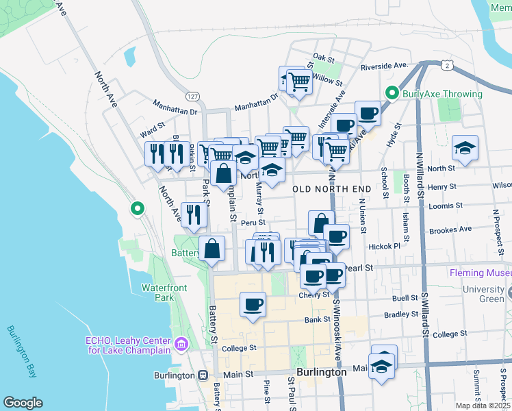 map of restaurants, bars, coffee shops, grocery stores, and more near 153 North Street in Burlington