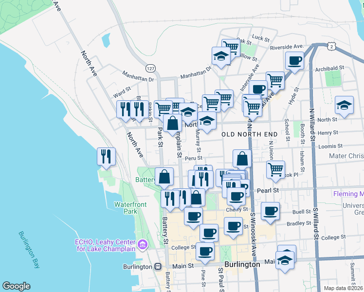 map of restaurants, bars, coffee shops, grocery stores, and more near 125 North Champlain Street in Burlington