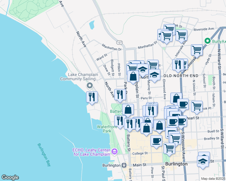 map of restaurants, bars, coffee shops, grocery stores, and more near 75 Front Street in Burlington