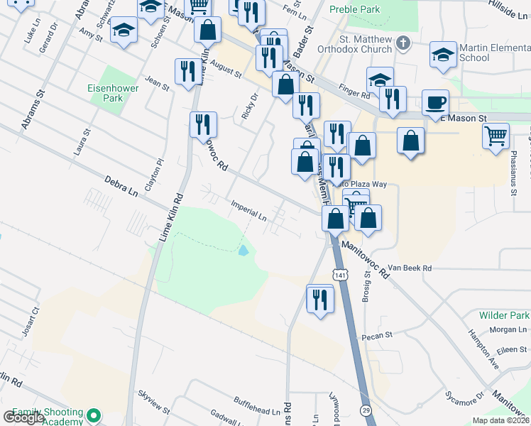 map of restaurants, bars, coffee shops, grocery stores, and more near 2131 Imperial Lane in Green Bay