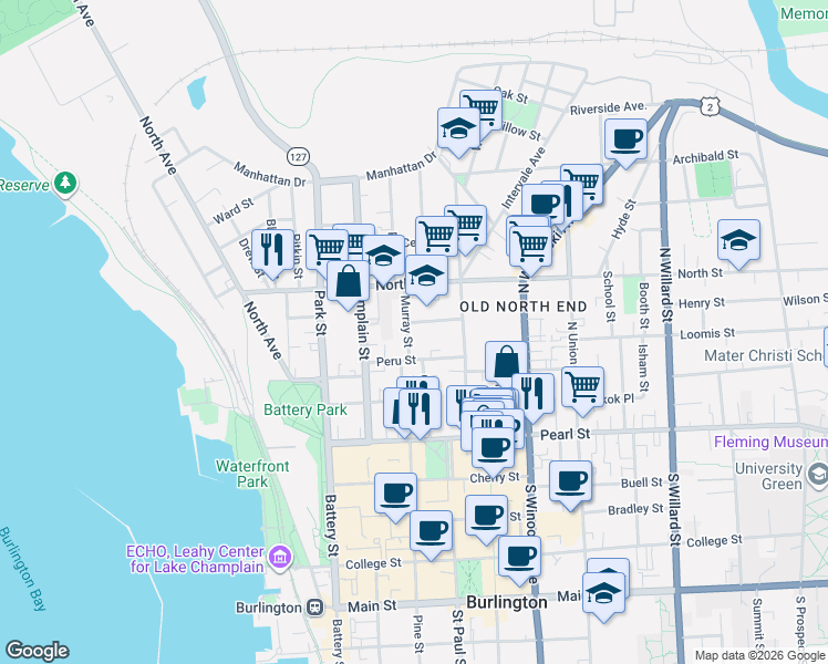 map of restaurants, bars, coffee shops, grocery stores, and more near 20 Allen Street in Burlington