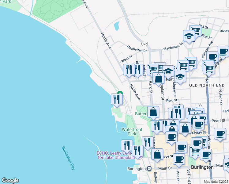 map of restaurants, bars, coffee shops, grocery stores, and more near 505 Lake Street in Burlington