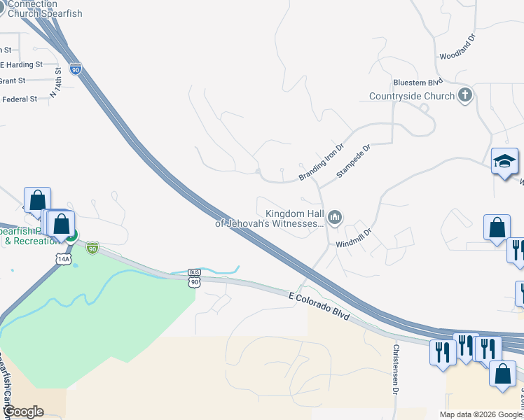 map of restaurants, bars, coffee shops, grocery stores, and more near Iron Horse Loop in Spearfish
