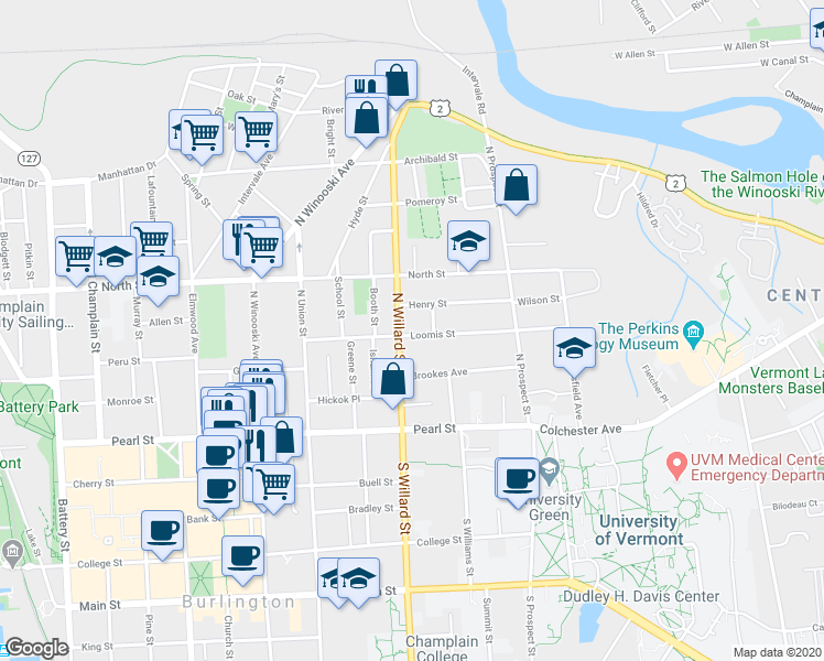 map of restaurants, bars, coffee shops, grocery stores, and more near 115 U.S. 7 in Burlington
