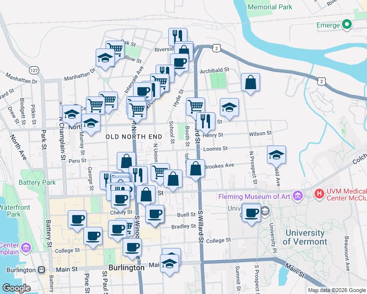 map of restaurants, bars, coffee shops, grocery stores, and more near 28 School Street in Burlington