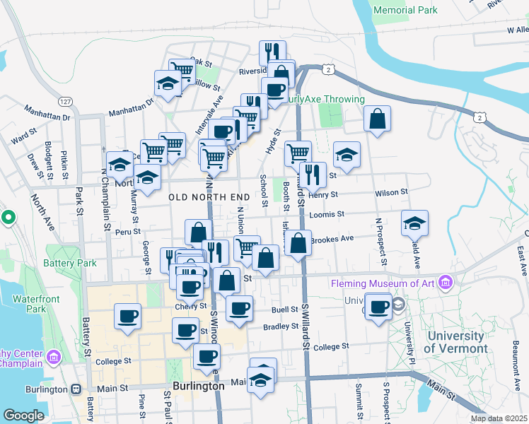 map of restaurants, bars, coffee shops, grocery stores, and more near 28 School Street in Burlington